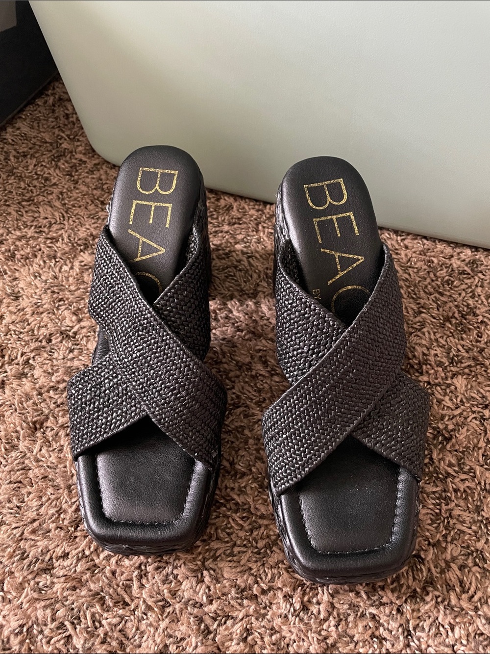 Beacon Black Woven Crisscross Slide chunky heel